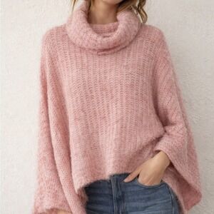 Anthropologie pink fluffy oversized knit cowl neck sweater one size